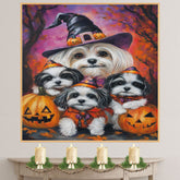 Malti Tzu Dog Halloween Canvas Wall Art with Pumpkins Rustic Fall Farmhouse Decor for Cozy Autumn Homes and Pet Lovers on Ready to Hang 1.5" Thick Canvas Wrap, Floating Framed Canvas, Flat Rolled Canvas